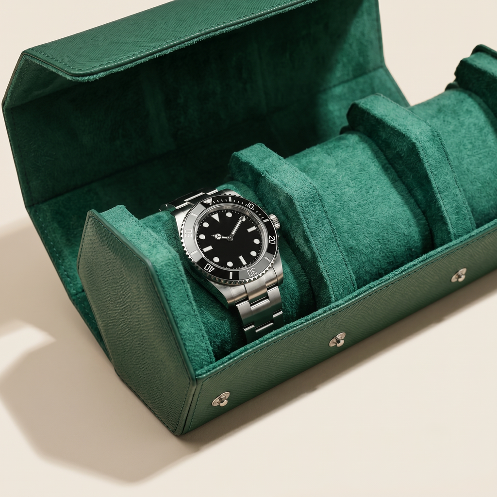 Étui Emerald vert 3 montres détail grain Saffiano