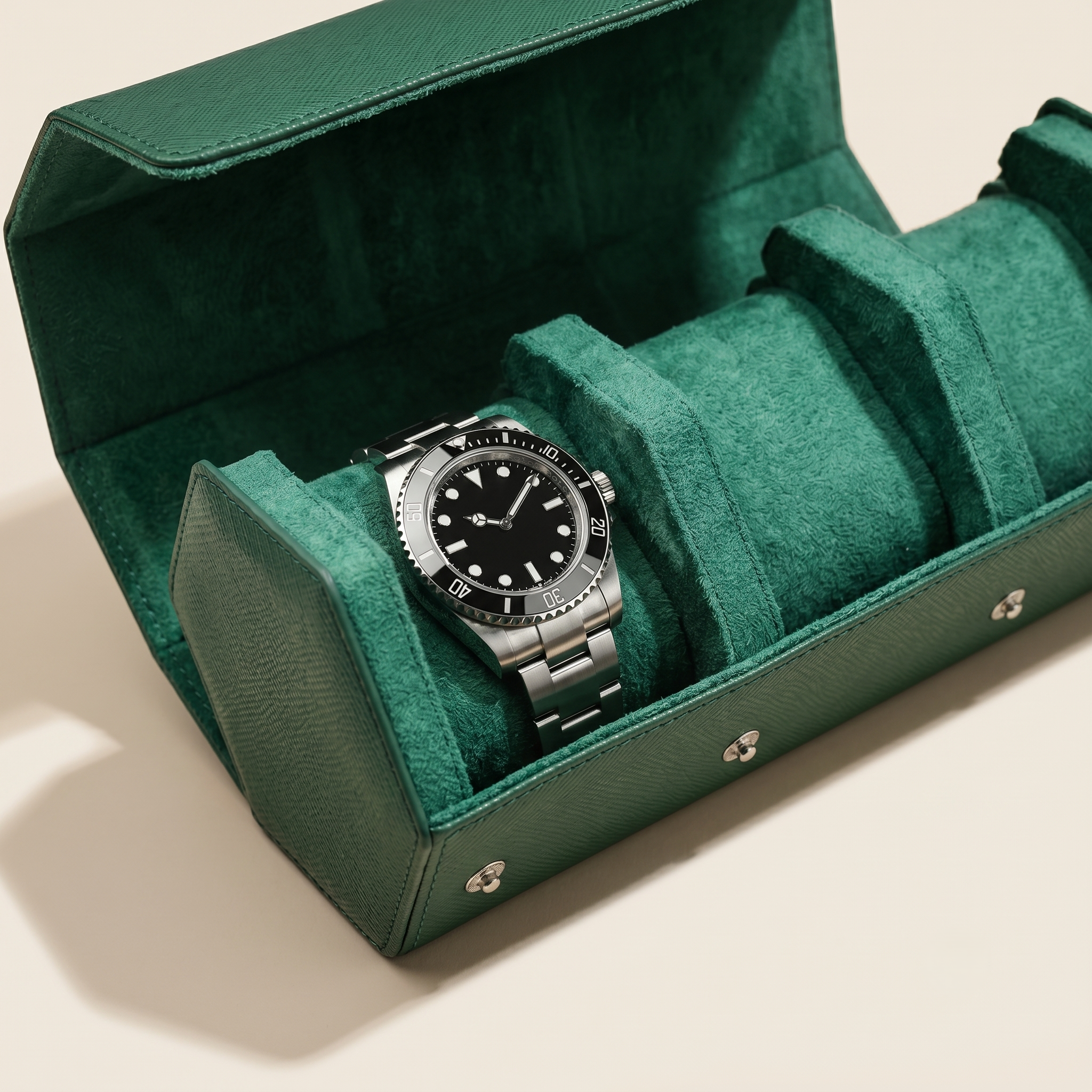 Étui Emerald vert 3 montres détail grain Saffiano
