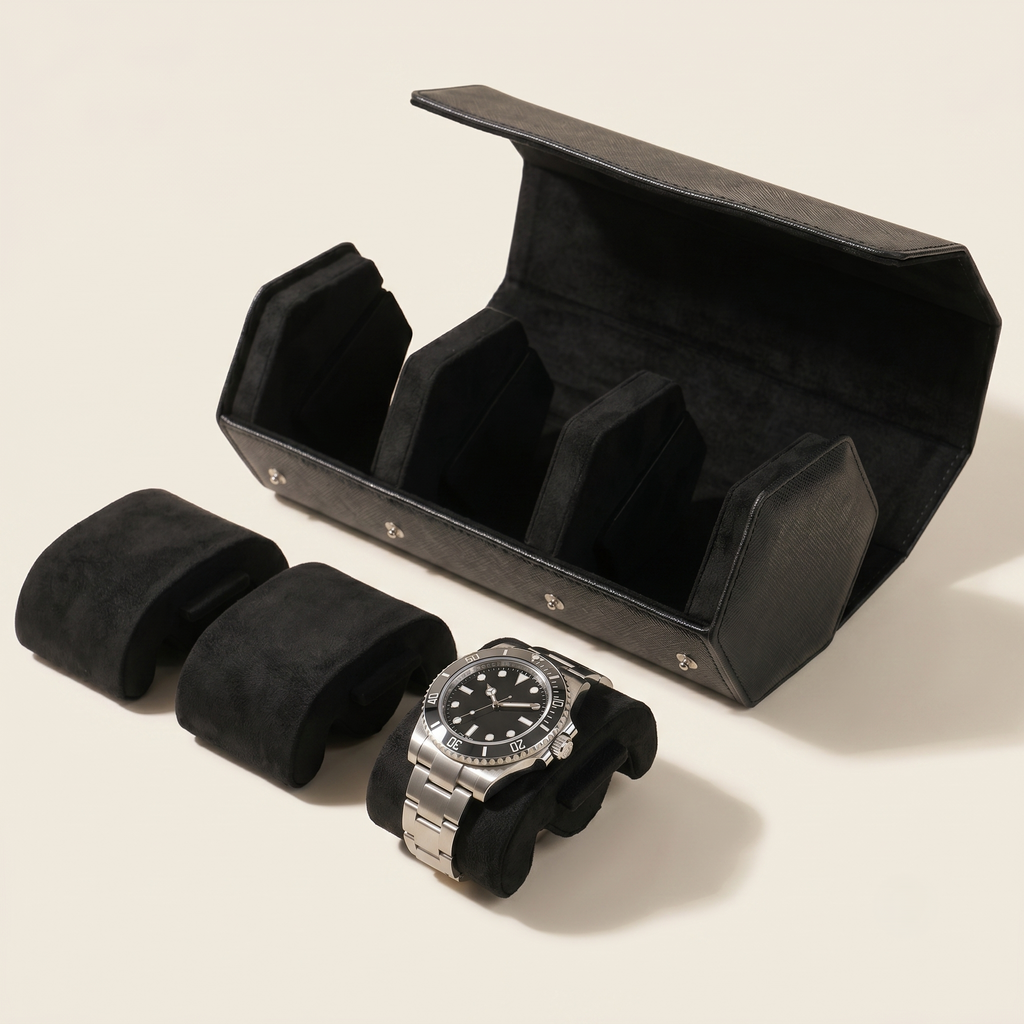 Étui cuir noir 3 montres vue d’ensemble