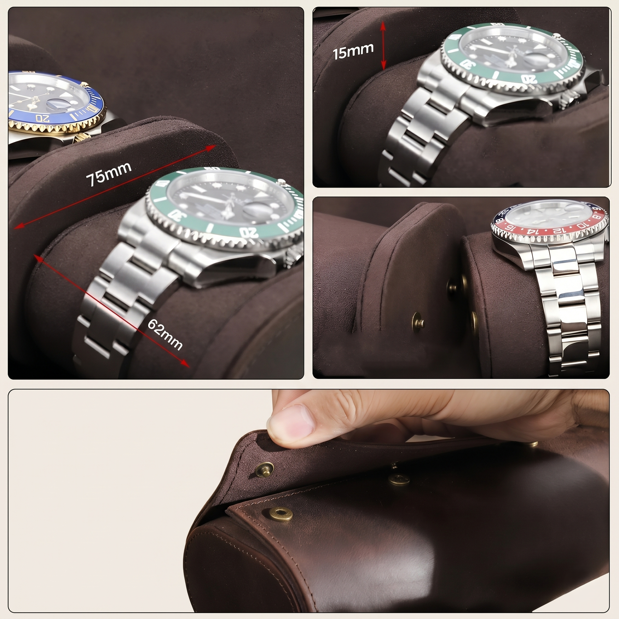 Étui cuir 8 montres vue latérale format voyage
