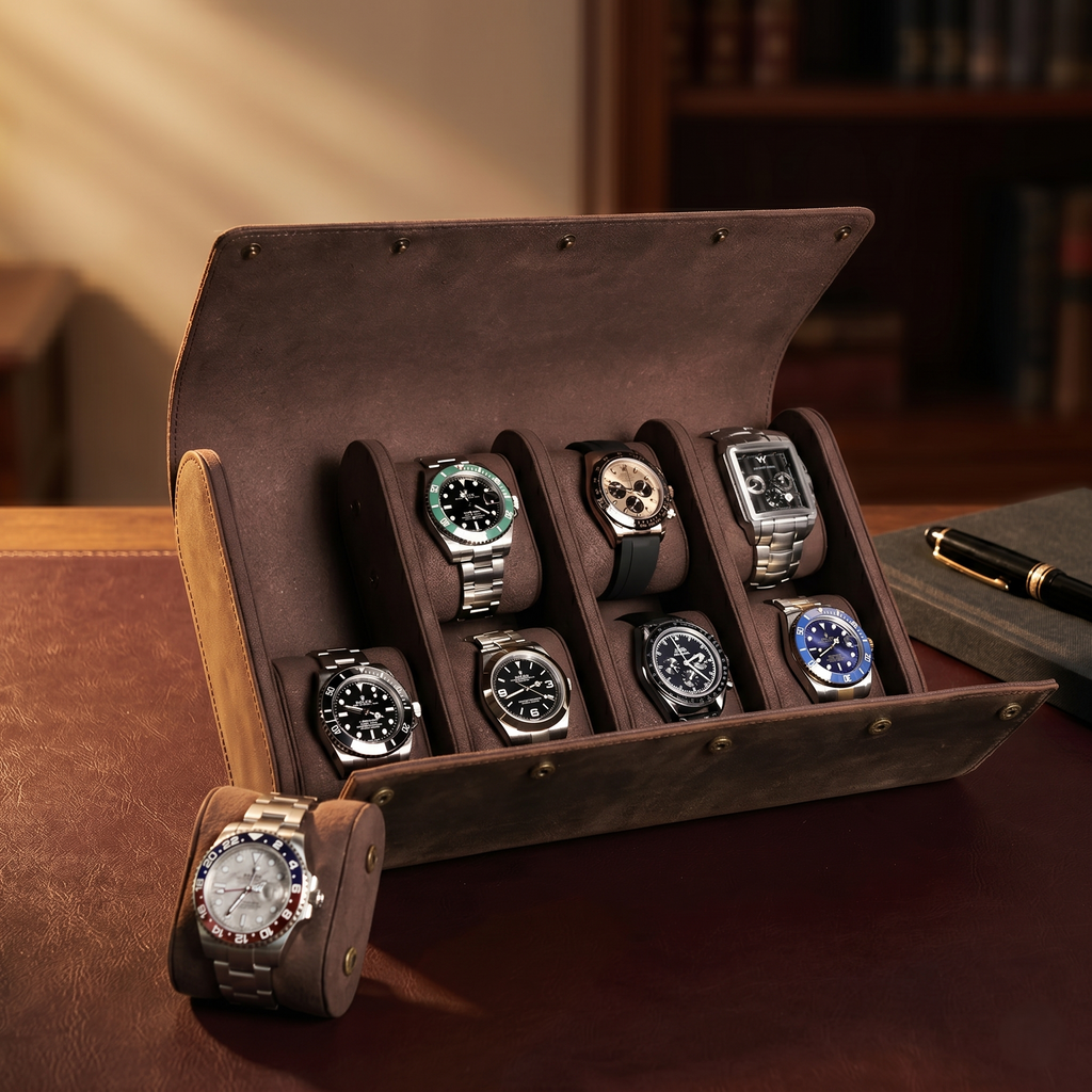 Étui cuir 8 montres vue fermeture zip trois côtés