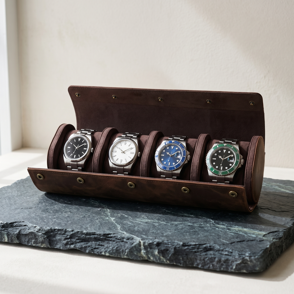 Étui cuir 4 montres vue d’ensemble voyage