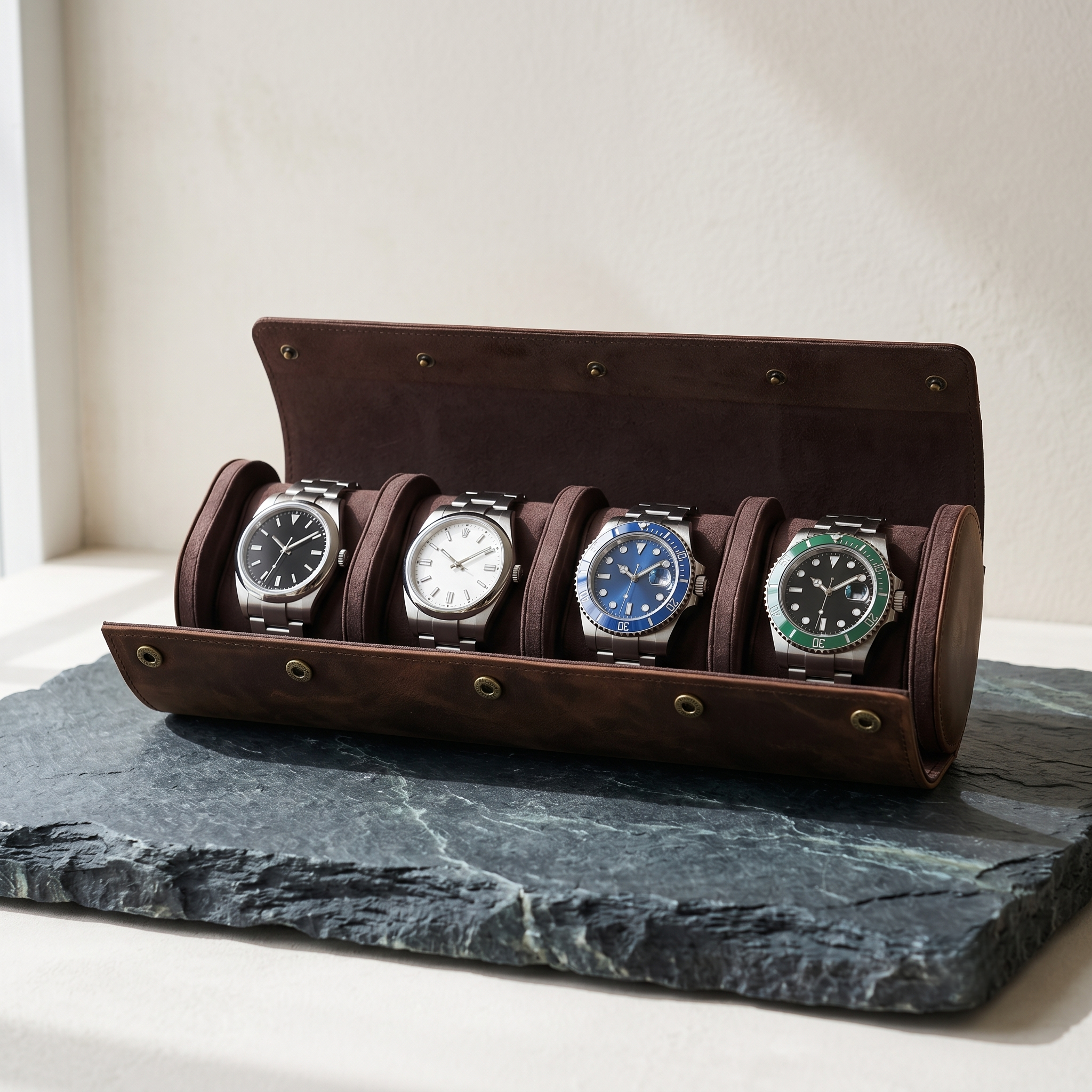 Étui cuir 4 montres vue d’ensemble voyage
