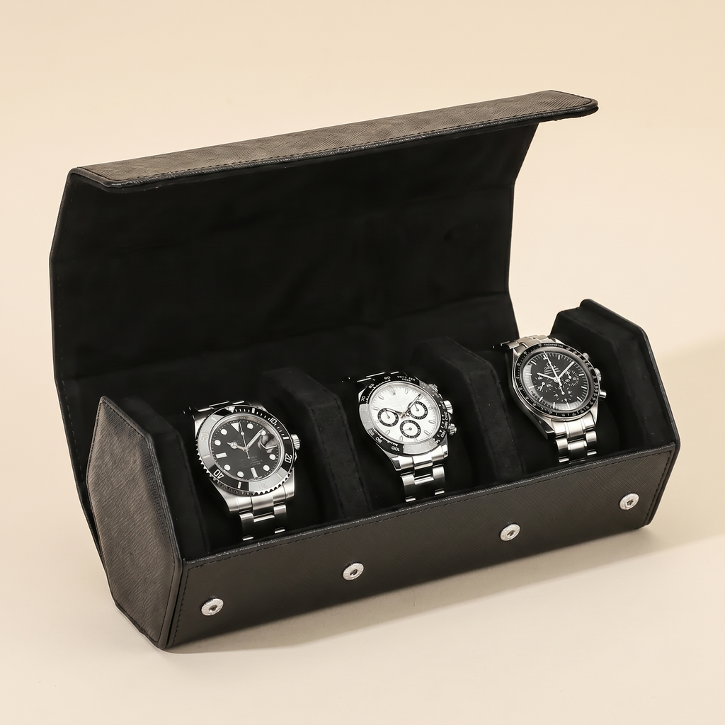 Étui cuir Saffiano noir 3 montres vue principale