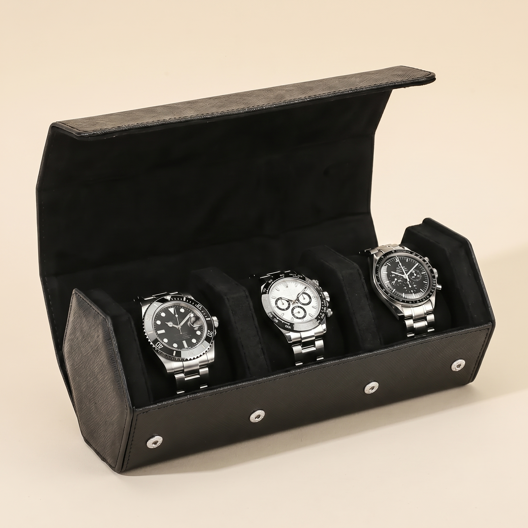 Étui cuir Saffiano noir 3 montres vue principale