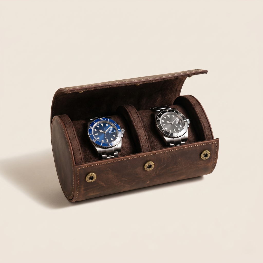Étui cuir 2 montres vue latérale format compact