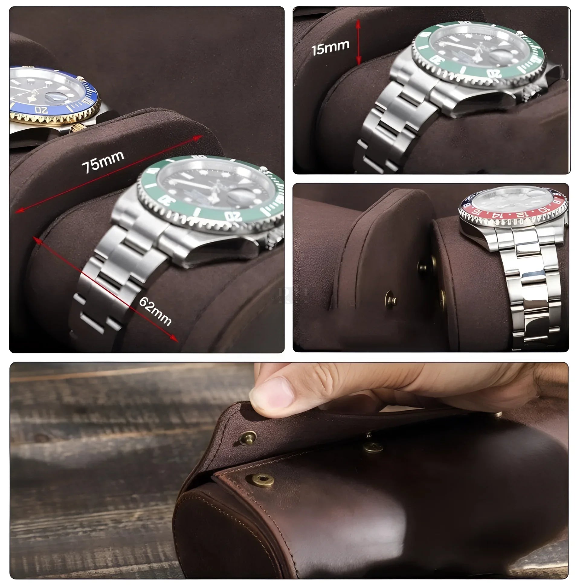 Étui cuir voyage 3 montres vue latérale