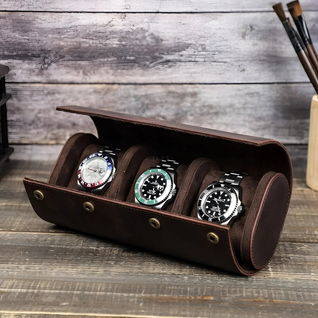 Étui cuir 3 montres vue ouverte intérieur flanelle