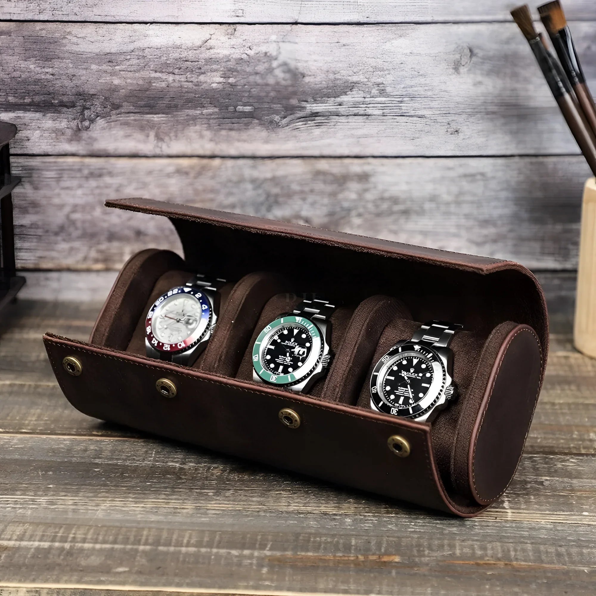Étui cuir 3 montres vue ouverte intérieur flanelle